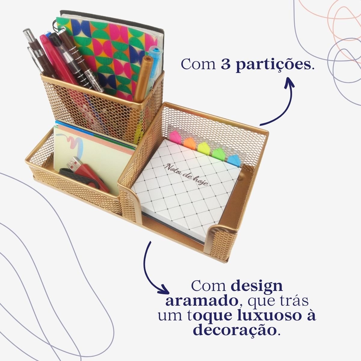 Kit Organizador de Mesa Dourado Ouro com 3 Partições para Escritório - 5