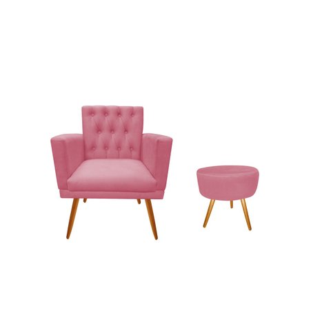 Kit Poltrona Decorativa Nina Capitonê + Puff Redondo Suede Rosa Pés Madeira Ms Decor