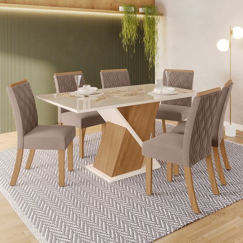 Conjunto Sala de Jantar Tampo MDF/Vidro 6 Cadeiras Helena Espresso Móveis
