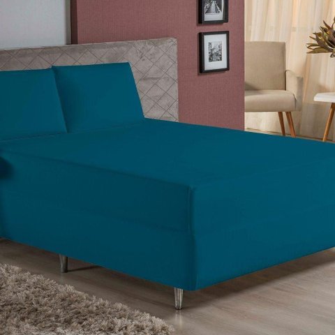 Jogo de Cama Casal Nobre 3 Peças Luva de Box 55cm de Altura Malha 100% Algodão - Petróleo