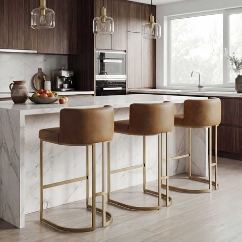 Banqueta Milano Alta Estofada Dourada Light em Corano Caramelo Cozinha Gourmet 75cm