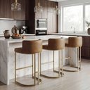 Ver imagem 1 de Banqueta Milano Alta Estofada Dourada Light em Corano Caramelo Cozinha Gourmet 75cm