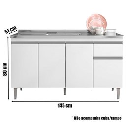 Balcão de Pia Tatiane 145 Cm Branco Brilho - Ajl - 2
