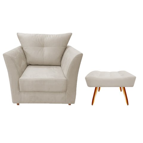 Kit Poltrona Decorativa Isis + Puff Retangular Couro Bege Pés Madeira Ms Decor