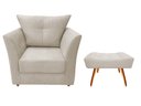 Ver imagem 1 de Kit Poltrona Decorativa Isis + Puff Retangular Couro Bege Pés Madeira Ms Decor