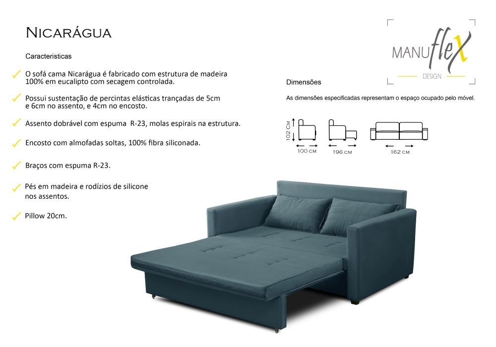 Sofa Cama Nicarágua 2 Lugares Assento Dobravél Veludo Azul MadeiraMadeira