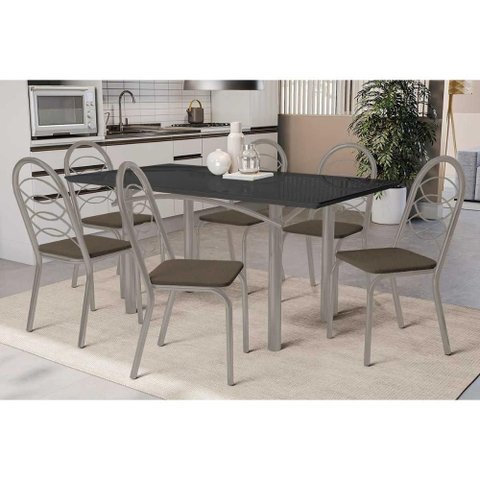 Conjunto: Mesa Sala Jantar Elba Tampo Madeirado C/ Vidro 160cm e 6 Cadeiras Holanda Niquel/preto -