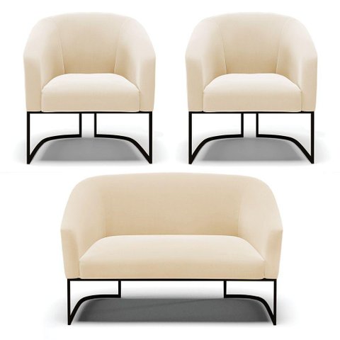 Sofá Namoradeira e 2 Poltronas Base Industrial Preto Stella Suede D03 - D'Rossi Cor Bege