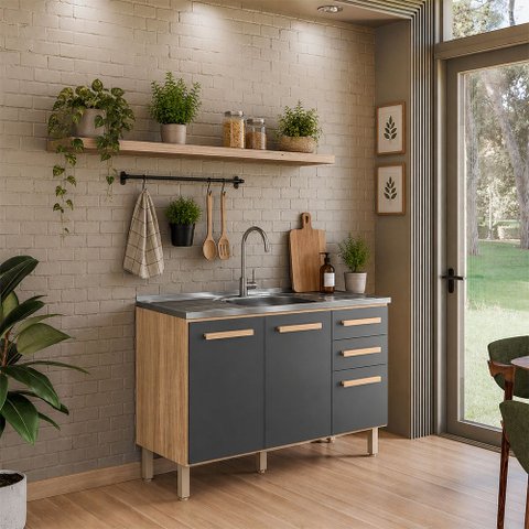 Balcão de Cozinha com Pia Inox 120cm 03 Portas 02 Gavetas Intenza Freijó Chumbo Nicioli Ghelplus
