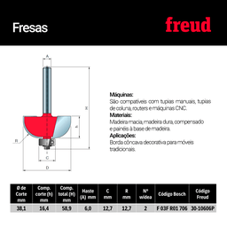 Fresa Borda Côncava 30-10606p Ø 38,1mm, Corte 16,4mm Freud - 3