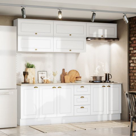 Cozinha Compacta Modulada 8 Peças 100% MDF com Aéreo Basculante e Tampo para Cooktop Americana