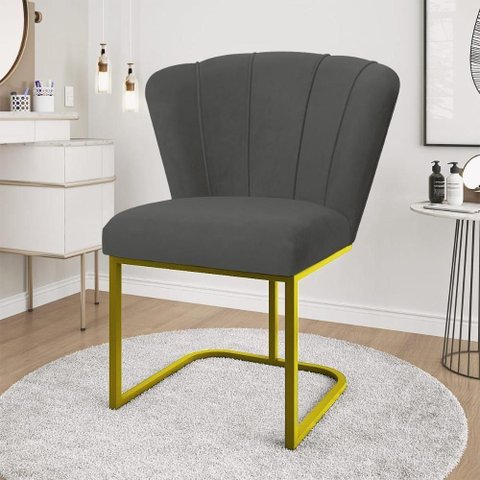 Cadeira Jantar Flor Mesa Cozinha Reforçada Base Metal Dourada Cinza