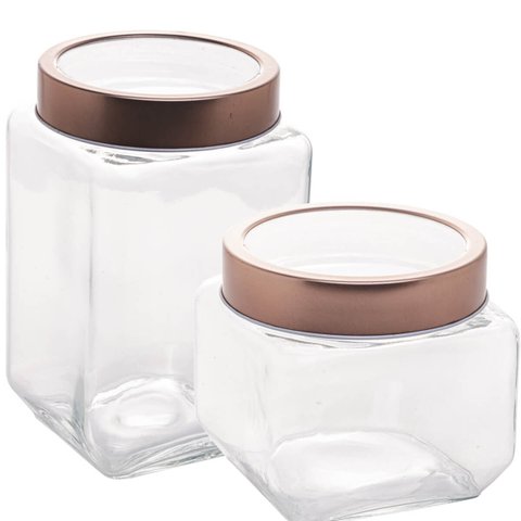 Conjunto Pote de Vidro Tampa Metal Rose Gold 800ml e 1,7l Gastro Lyor Porta Mantimentos