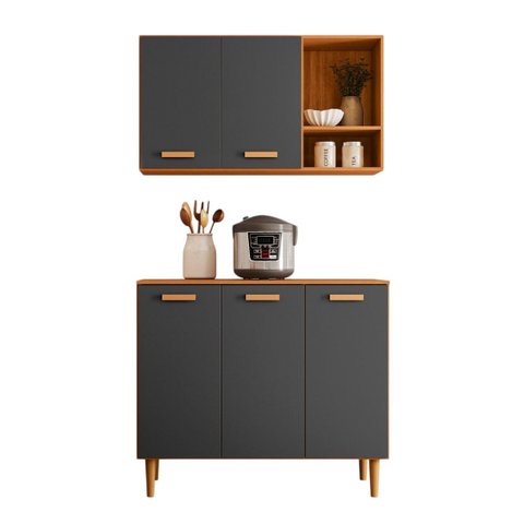 Kit Cozinha Compacta Susi 5 Portas Multiuso Armário Aéreo Balcão com Nicho Design Moderno:freijo/gra