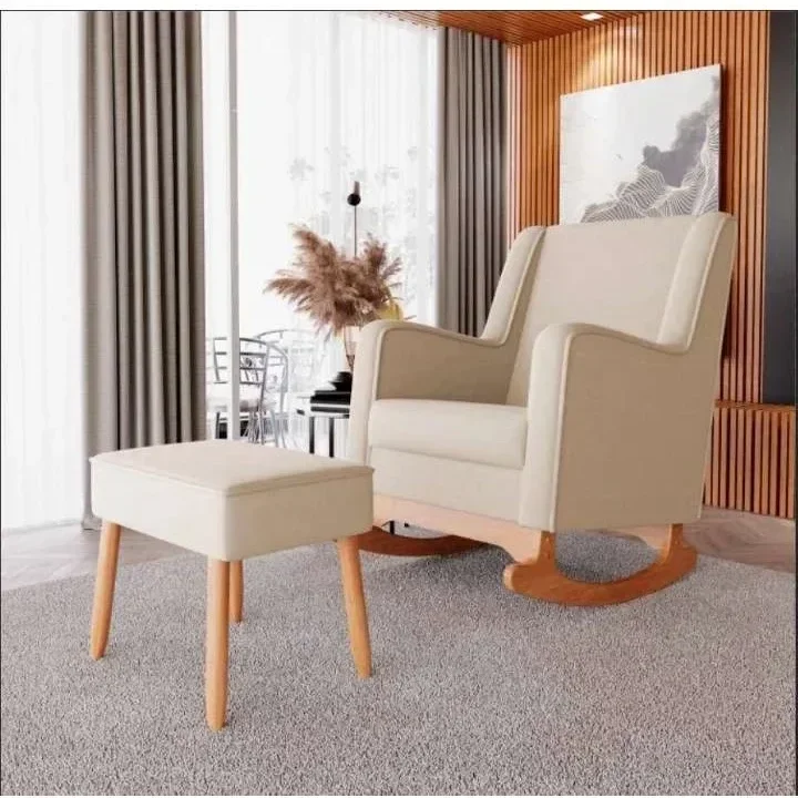 Poltrona Amamentação Aquila Balanço com Puff Linho Bege