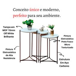 Mesinha de Canto Sala Decorativa Redonda Lateral:tampos Off White Ferragens Preta - 2