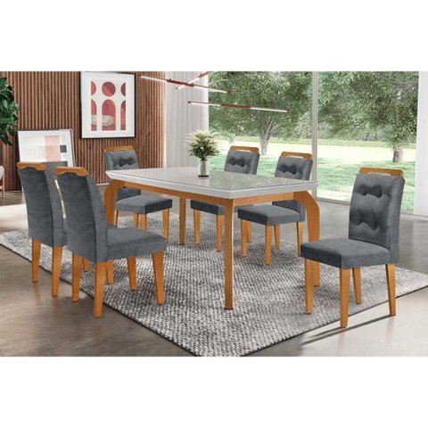 Conjunto: Mesa de Cozinha Londrina C/ Tampo Madeirado C/ Vidro Canto Curvo 180x90cm e 6 Cadeiras