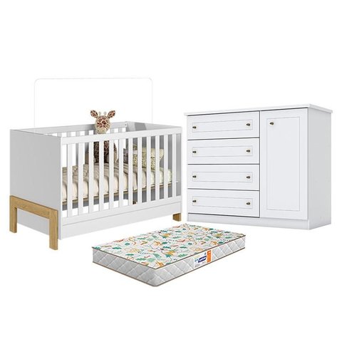 Berço Americano Mini Cama Fantasia Branco Acetinado – Qmovi e Cômoda Infantil Americano Branco HP e 