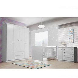 Jogo de Quarto Infantil Completo com Guarda Roupa 4 Portas, Cômoda 1 Porta e Berço Branco - P - 1
