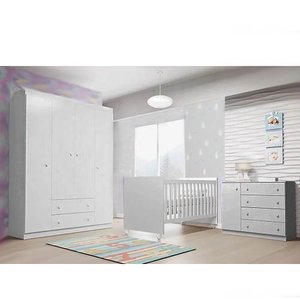 Jogo de Quarto Infantil Completo com Guarda Roupa 4 Portas, Cômoda 1 Porta e Berço Branco - P