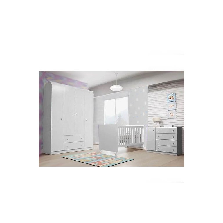 Jogo de Quarto Infantil Completo com Guarda Roupa 4 Portas, Cômoda 1 Porta e Berço Branco - P