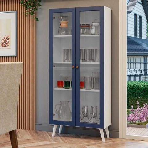 Cristaleira 70 Cm 2 Portas de Vidro com Pés Cônicos Branco-azul-branco Vik Madesa