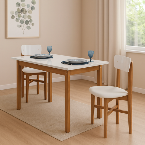 Mesa de Jantar Base Madeira Maciça com 2 Cadeiras Elisa Ideal para Apartamenteo 1,20x80 Branco