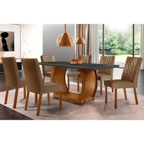 Sala de Jantar Completa Jade Tampo Madeirado C/ Vidro Reto 180x90 e 6 Cadeiras Jade Imbuia - Veludo