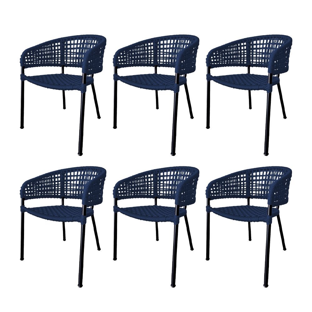 Kit 6 Cadeiras Sol Corda Náutica Base em Alumínio Preto/azul Marinho