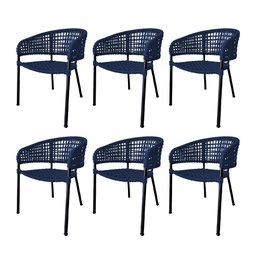 Kit 6 Cadeiras Sol Corda Náutica Base em Alumínio Preto/azul Marinho - 1
