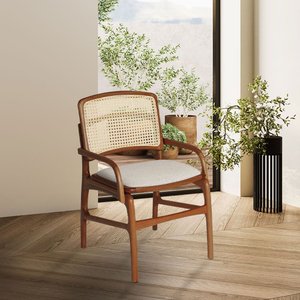 Cadeira de Jantar Florença Madeira Jequitibá Terra com Braço Linho - Bege e Encosto de Palha