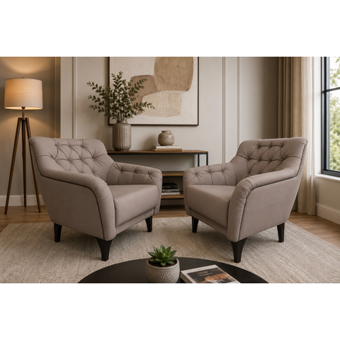 Kit 2 Poltronas Decorativas Com Tachas E Pés de Madeira Linho Bege Escuro Shaula Larbelle
