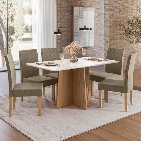 Conjunto de Jantar Mesa Isa Vidro Retangular 160cm e 6 Cadeiras Estofadas Elegance Caramelo Amarelo/Mel