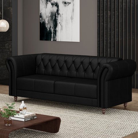 Sofá Living Sala de Estar Stanford Chesterfield 2 Lugares 200cm Pés de Madeira Couro Preto Brilho G5