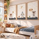 Ver imagem 3 de Kit 3 Quadros Infantil Astronauta Espaço Quarto Bebê Menino Menina 40x60 Moldura Madeira NO1