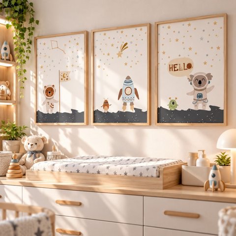 Kit 3 Quadros Infantil Astronauta Espaço Quarto Bebê Menino Menina 40x60 Moldura Madeira NO1