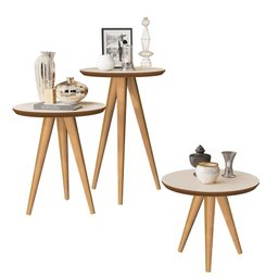 Kit 3 Mesas Sala Retrô Pés Palito, Centro, Lateral e Apoio Georgia - Off White / Freijo - Comprar Mo - 3