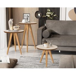 Kit 3 Mesas Sala Retrô Pés Palito, Centro, Lateral e Apoio Georgia - Off White / Freijo - Comprar Mo - 1