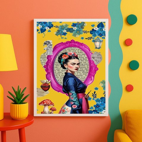 Quadro Decorativo Frida Elegante - Cores Vibrantes 24x18cm:moldura Branca