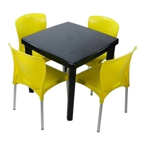 Conjunto 1 Mesa Quadrada e 4 Cadeiras com Pés de Alumínio Cor:preto e Amarelo