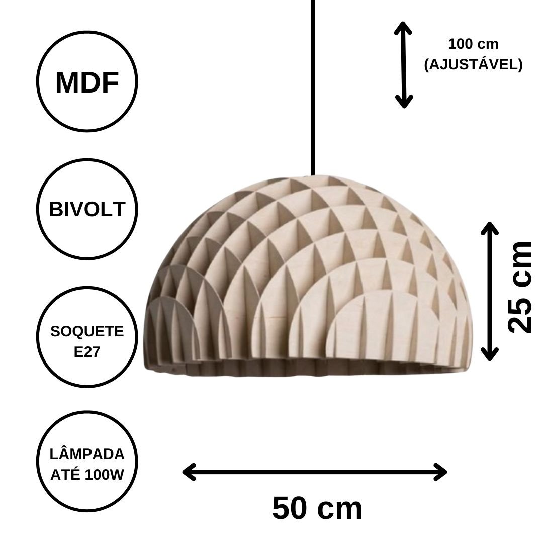 Luminária Teto tipo Pendente COLMÉIA MDF - Completa - Cor: Preta - 3