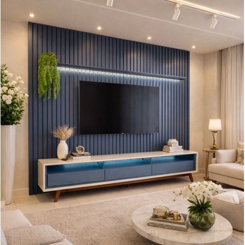 Painel Ripado Nobre 2.30 C/ Rack Requinte 2.12 C/ Pés de Madeira C/ Led Gelius