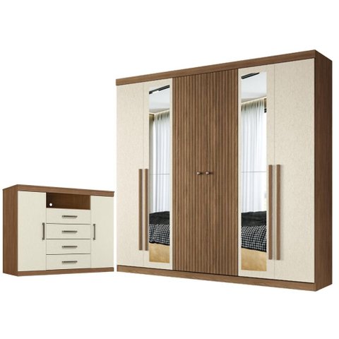 Guarda Roupa Ripado 6 Portas Buriti com Espelho e Cômoda Havana Master Jatobá Areia Acetinado - Sant