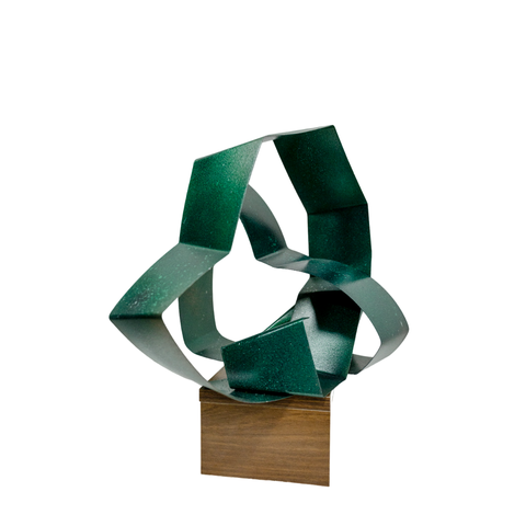Decoração Escultura De Mesa Abstrata em Aço Cor Verde Exclusiva no Brasil Base em MDF Para Sala Esc