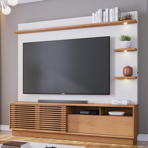 Estante Painel para TV 70 pol com LED Itapema C04 Freijó Off White Matte - Lyam Decor