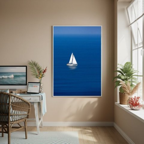 Quadro Decorativo Arte de Barco no Oceano - 70x50cm:moldura Preta