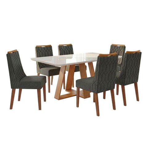 Conjunto Sala de Jantar Mesa Tampo em Vidro 1,60m Maria 6 Cadeiras Bel Madeirado - Cinza