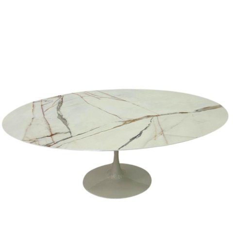 Mesa de Jantar Saarinen Oval 244x137 Cm Calacata Marmorizada Gelo Branco