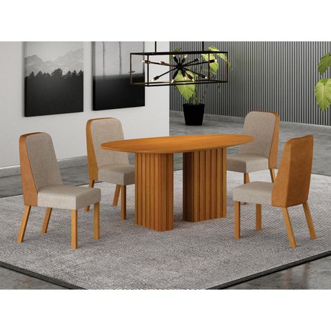 Conjunto Jantar 4 Cadeiras Maciça 1,35x90 Iza - Arbo Design - Cinamomo Linho Palha