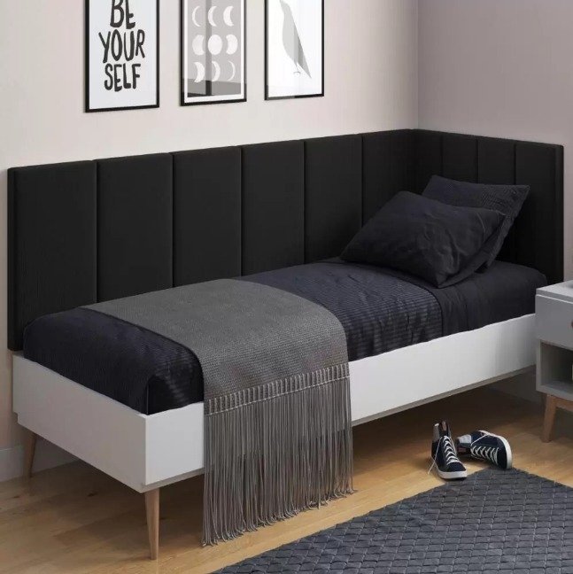 Conjunto Cabeceira Painel Estofada Cama de Solteiro - Corino Preto - 1